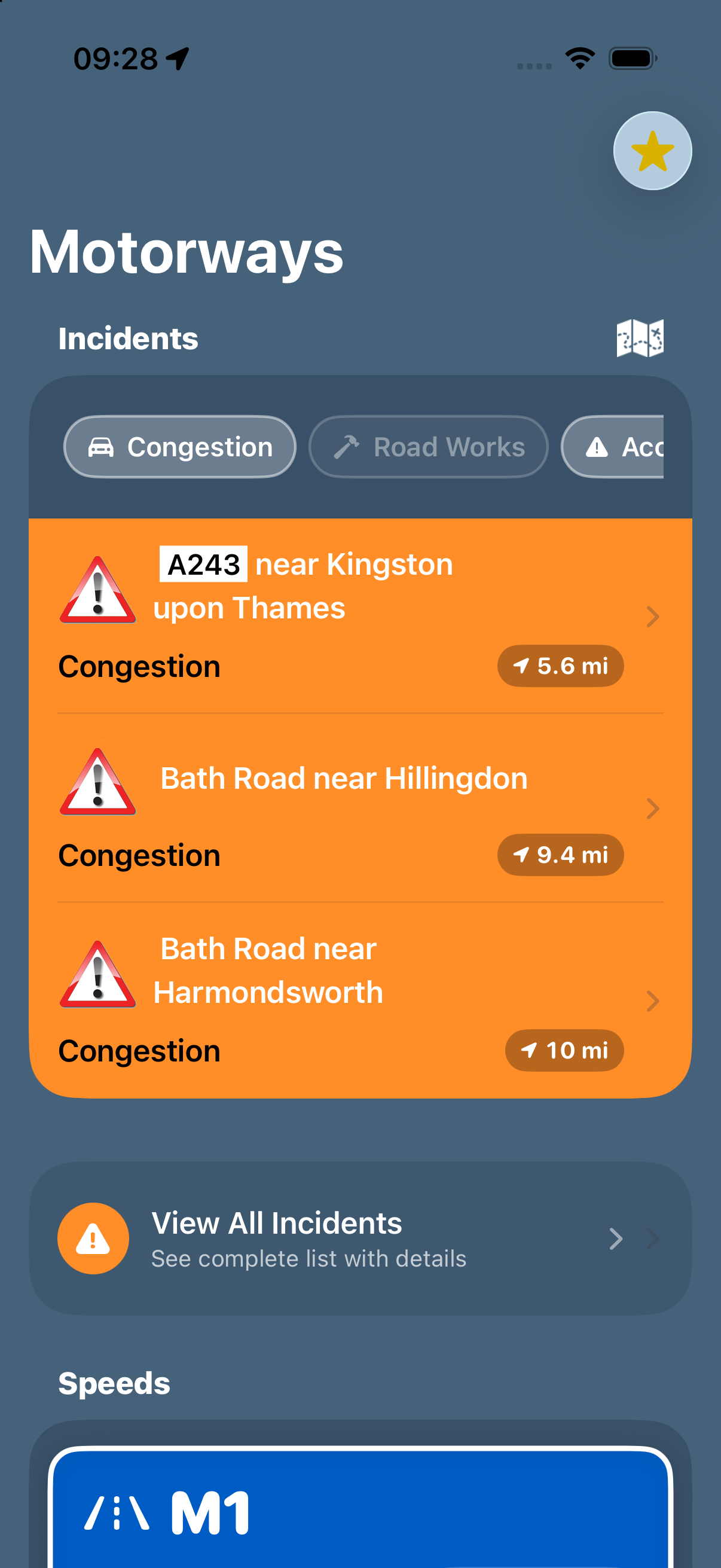 Motorways dashboard showing live incidents and speeds
